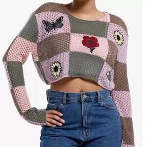 Y2K- Thorn & Fable Crochet Patch Sweater w/ Flowers & Butterfly — XL